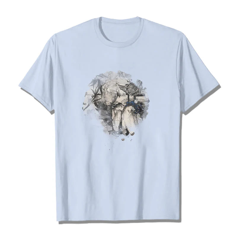 Buddha Stones Chinese Bamboo Mountain Pavilion Design Pattern Tee T-shirt