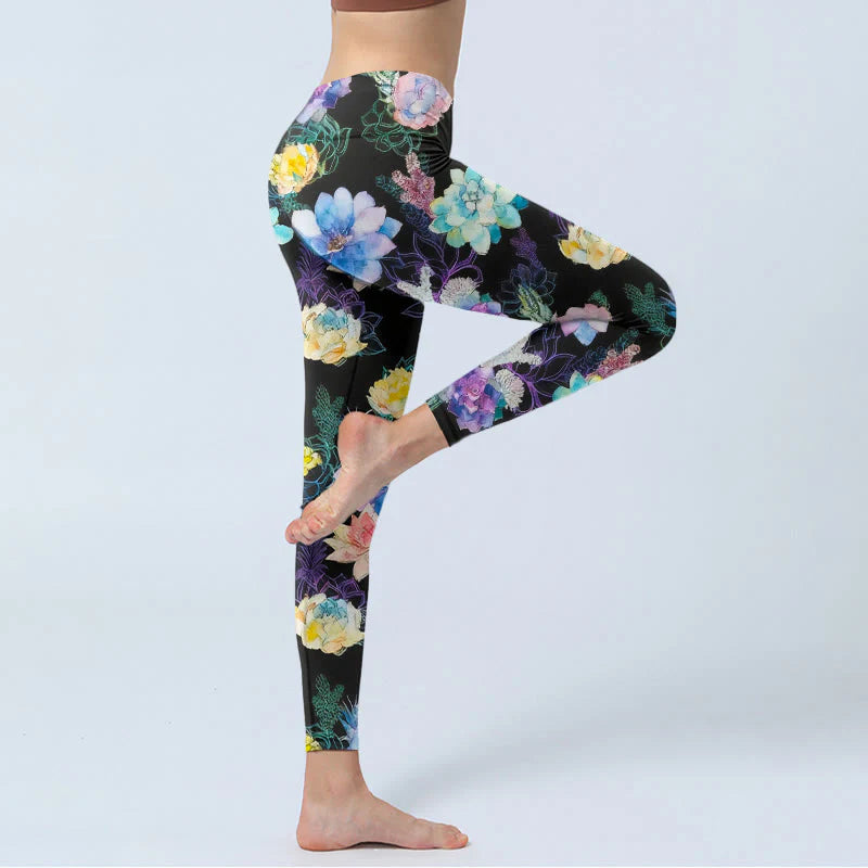 Buddha Stones Colorful Watercolor Style Flower Pattern Print Gym Leggings Women's Yoga Pants