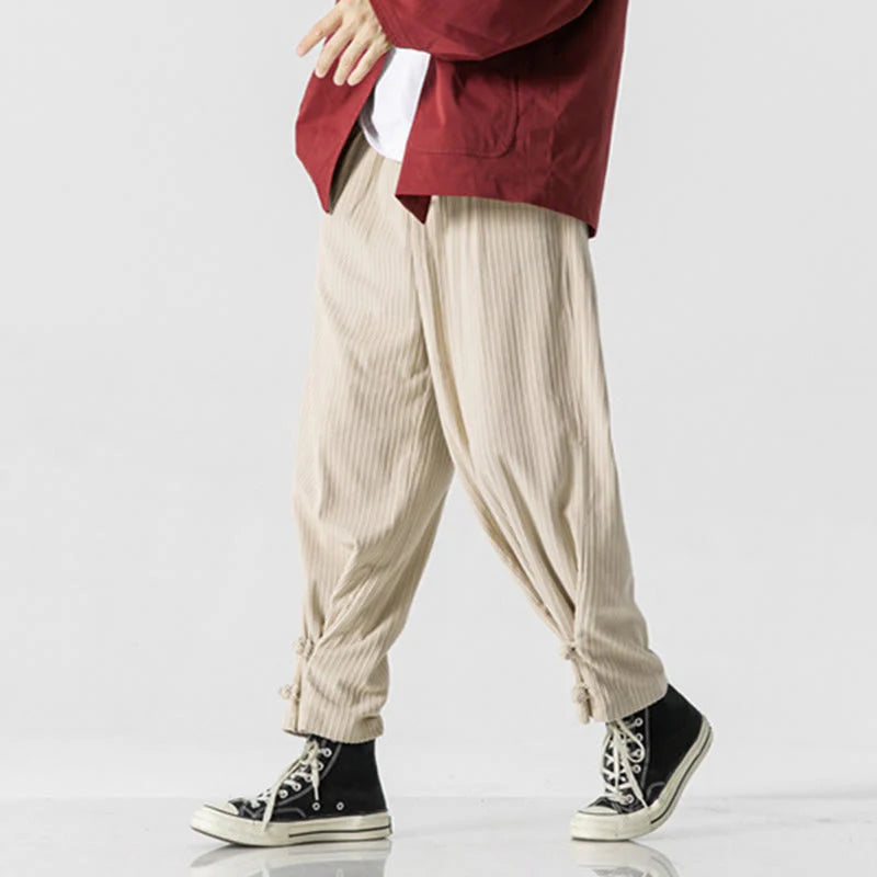 Buddha Stones Fall Winter Men's Pure Color Button Design Cotton Straight Leg Pants With Pockets