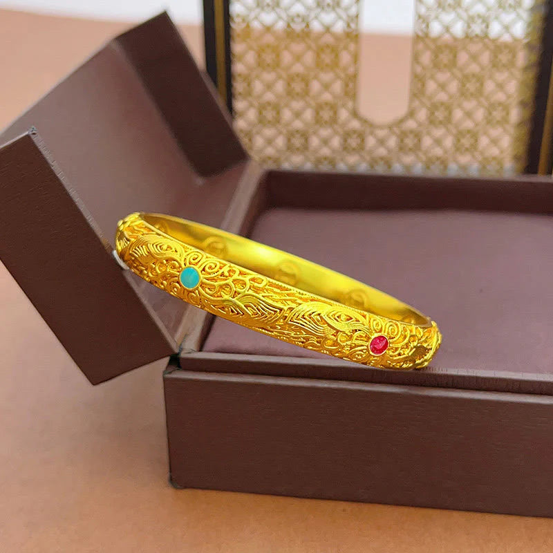 Buddha Stones Copper Plated Gold Flowers Leaves Luck Bracelet Bangle
