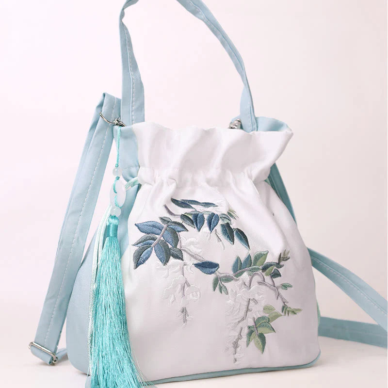 Buddha Stones Embroidered Flowers Wisteria Lily Cotton Linen Tote Crossbody Bag Shoulder Bag Handbag