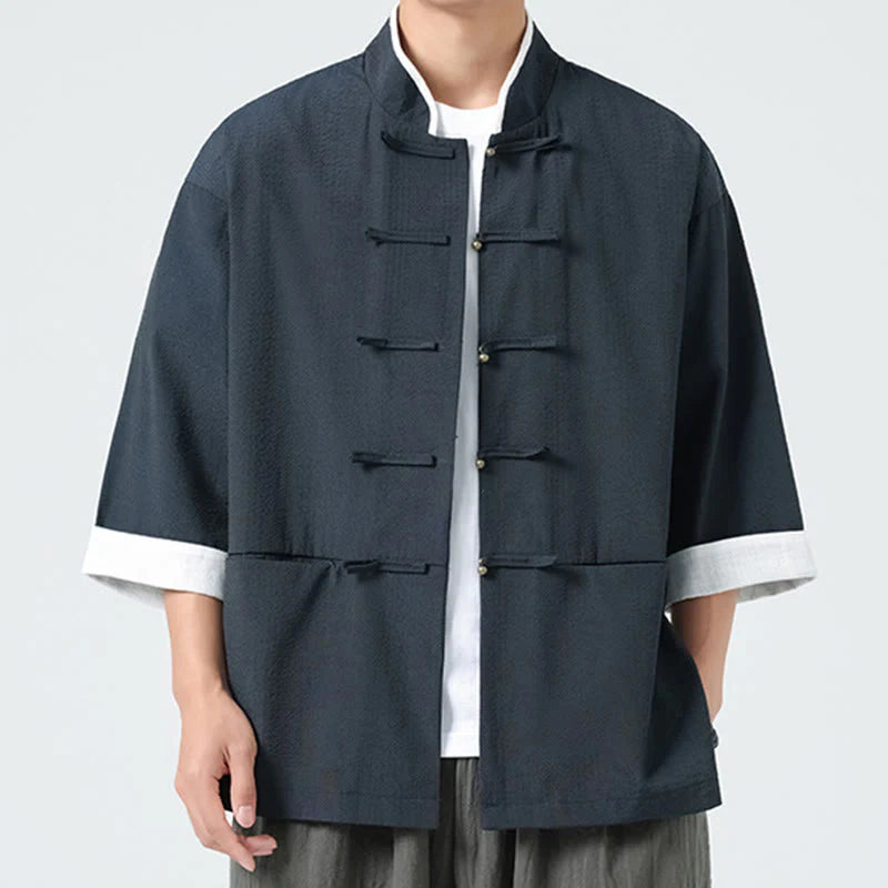 Buddha Stones Spring Solid Color Three Quarter Sleeve Tang Suit Men's Buttons Shirt With Pockets