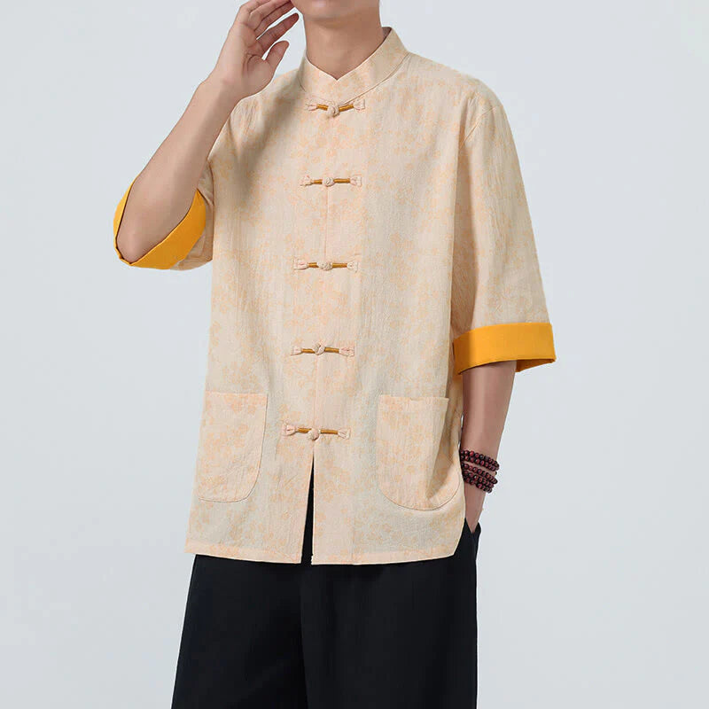 Buddha Stones Summer Peach Blossoms Pattern Chinese Frog-Button Cotton Linen Short Sleeve Men's Shirt