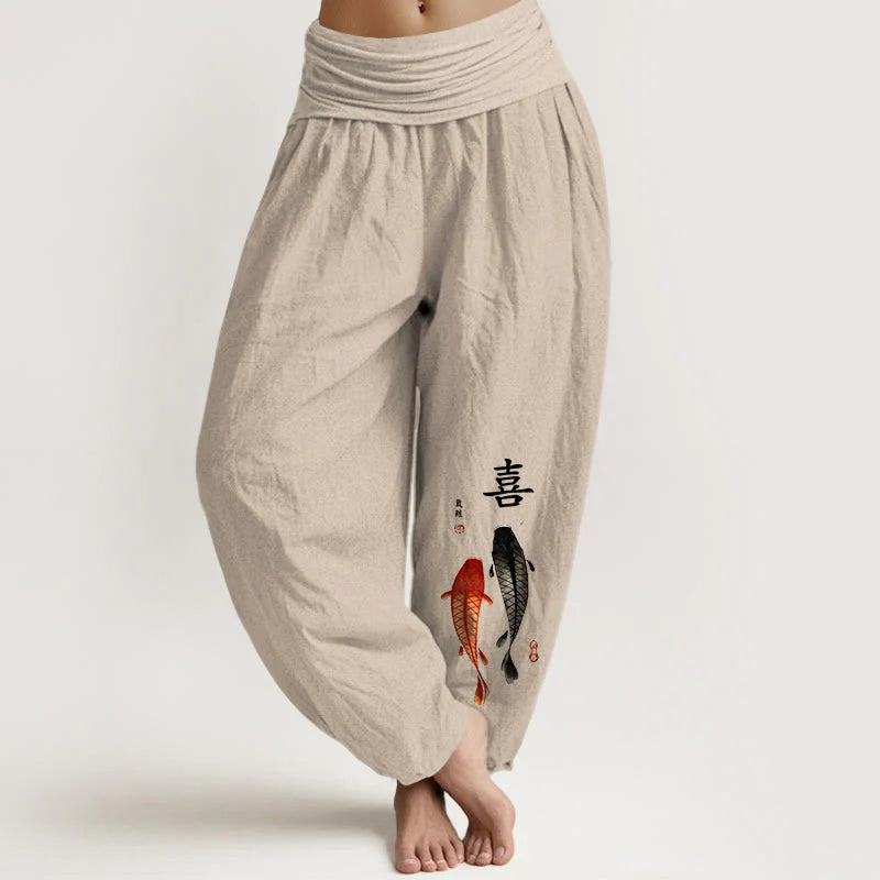Buddha Stones Pure Cotton Concise Koi Fish Chinese Character Pattern Women's Elastic Waist Harem Pants