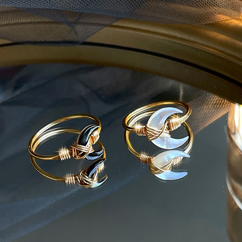 Buddha Stones Natural Tridacna Stone Moon 14K Gold Blessing Ring