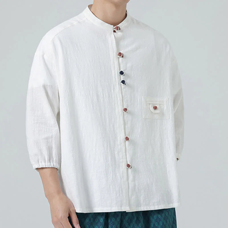 Buddha Stones Summer Frog-Button Front Stand Collar Men's Three Quarter Sleeve Cotton Shirt Cardigan With Pocket