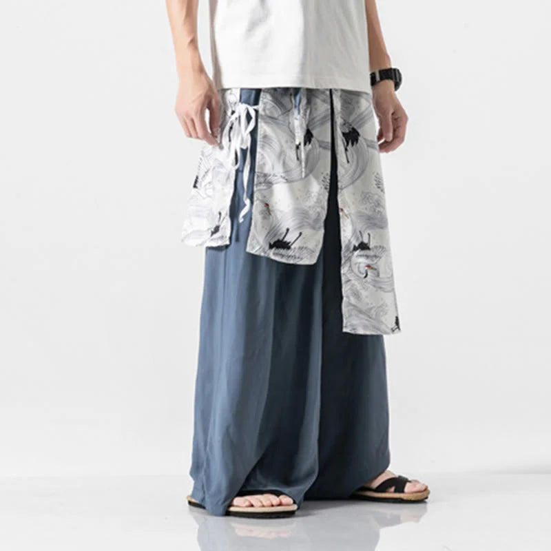 Buddha Stones Summer Flying Crane Design Cotton Men's Wide Leg Pants With Pockets