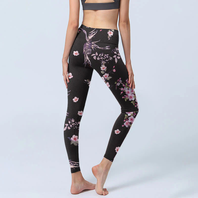 Buddha Stones Pink Flowers Flying Cranes Print Gym Leggings Women's Yoga Pants