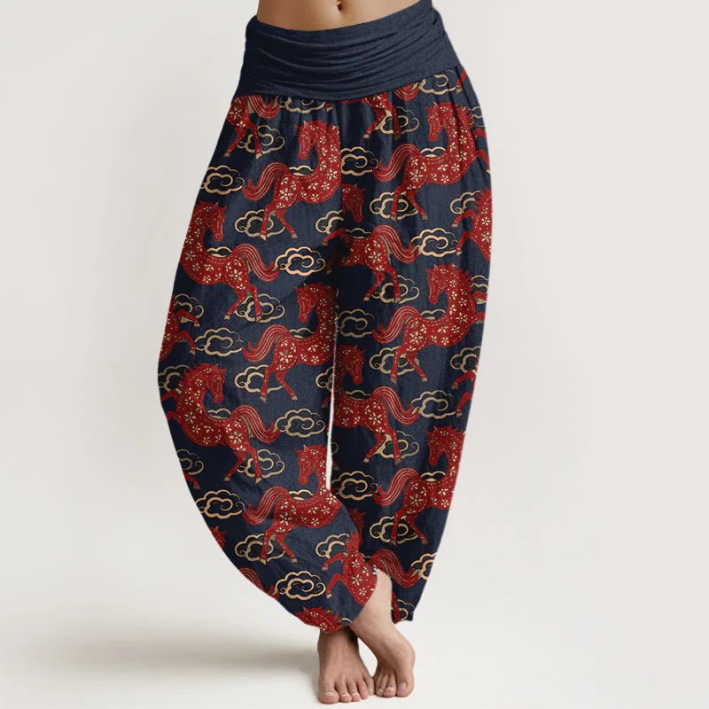 Buddha Stones Cotton Gorgeous Horse Cloud Pattern Women's Elastic Waist Harem Pants