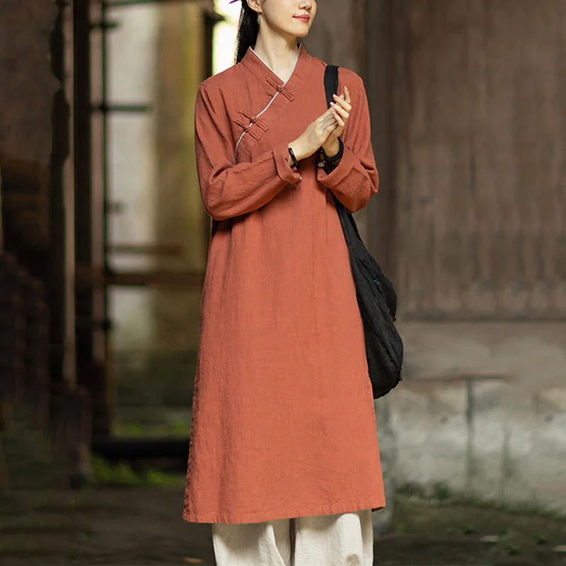 Buddha Stones Solid Frog-Button Long Sleeve Ramie Linen Midi Dress Cheongsam With Pockets