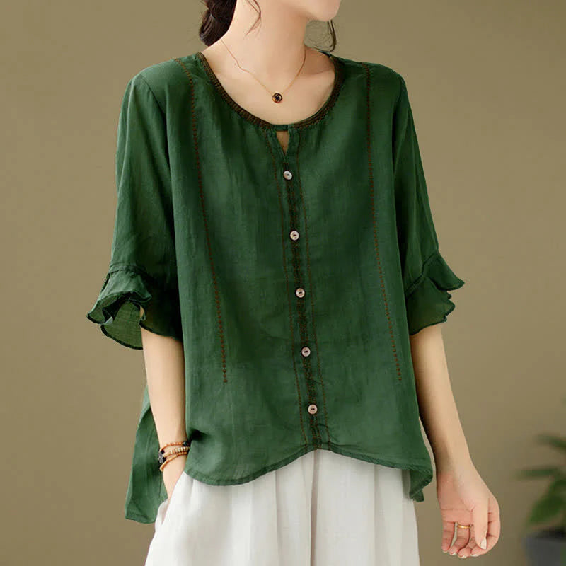 Buddha Stones Embroidery Buttons Crew Neck Flared Short Sleeve Women's Shirt