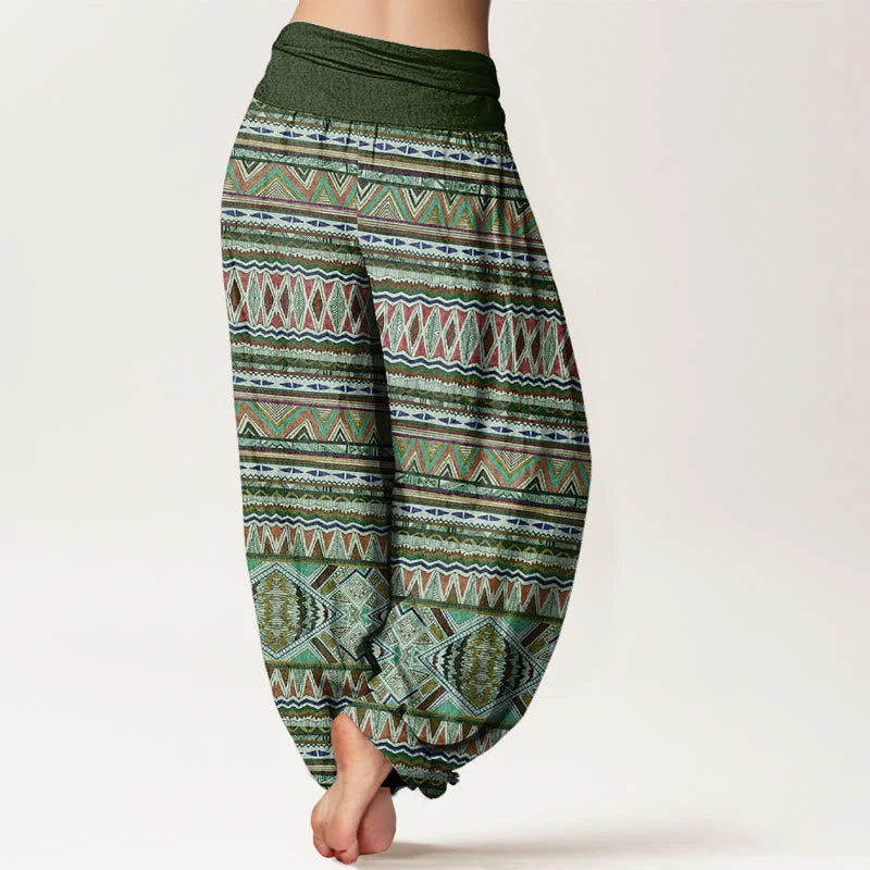 Buddha Stones Cotton Casual Tribal Style Geometric Pattern Women's Elastic Waist Harem Pants