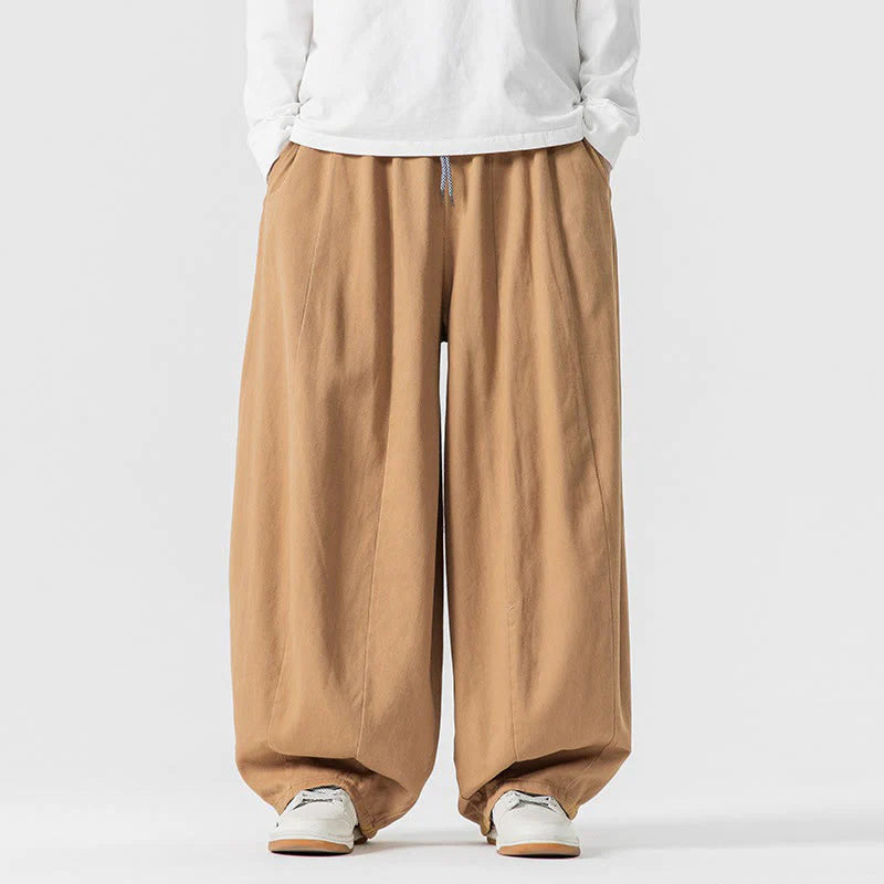 Buddha Stones Winter Commute Plain Drawstring Design Men's Wide Leg Cotton Pants With Pockets