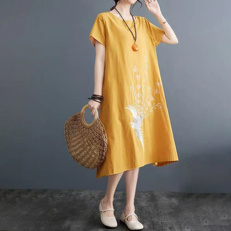 Buddha Stones Summer Printing Phoenix Pattern Short Sleeve Cotton Linen Midi Dress