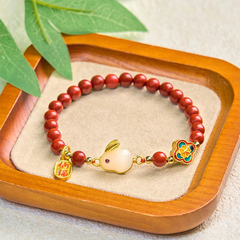 Buddha Stones Cinnabar Cute Rabbit Bunny Fu Character Calm Bracelet