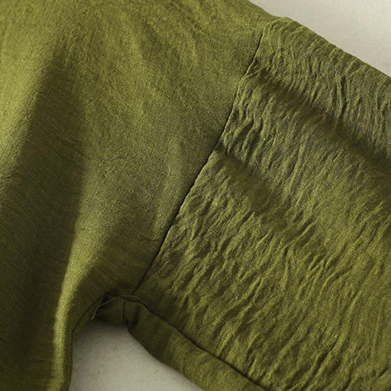 Buddha Stones Casual Olive Green Crew Neck Women's Cotton Linen Long Sleeve Shirt