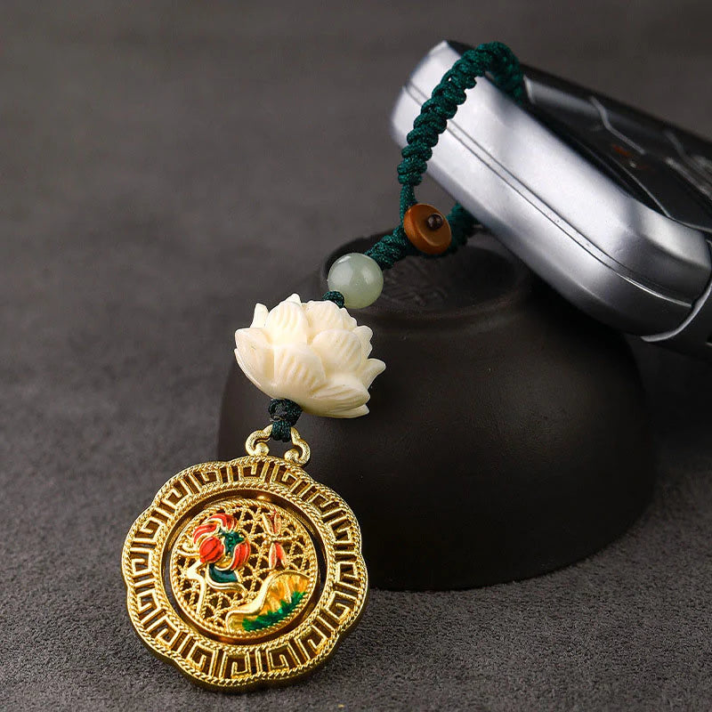 Buddha Stones Bodhi Seed Lotus Hetian Jade Bead Copper Rotatable Peace Key Chain