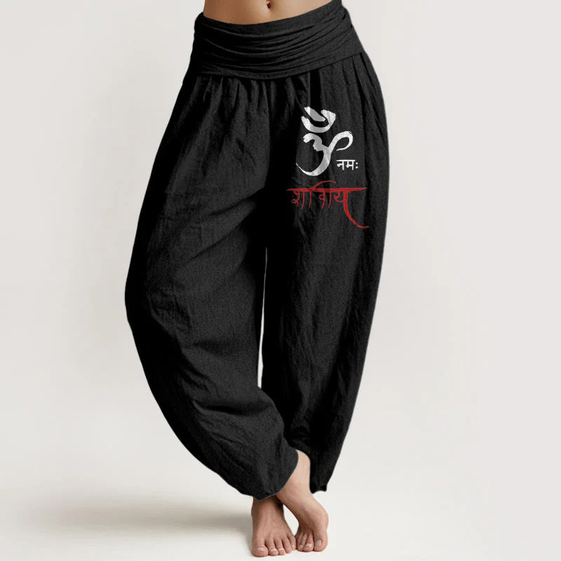 Buddha Stones Om Spells Pattern Women's Elastic Waist Harem Cotton Pants