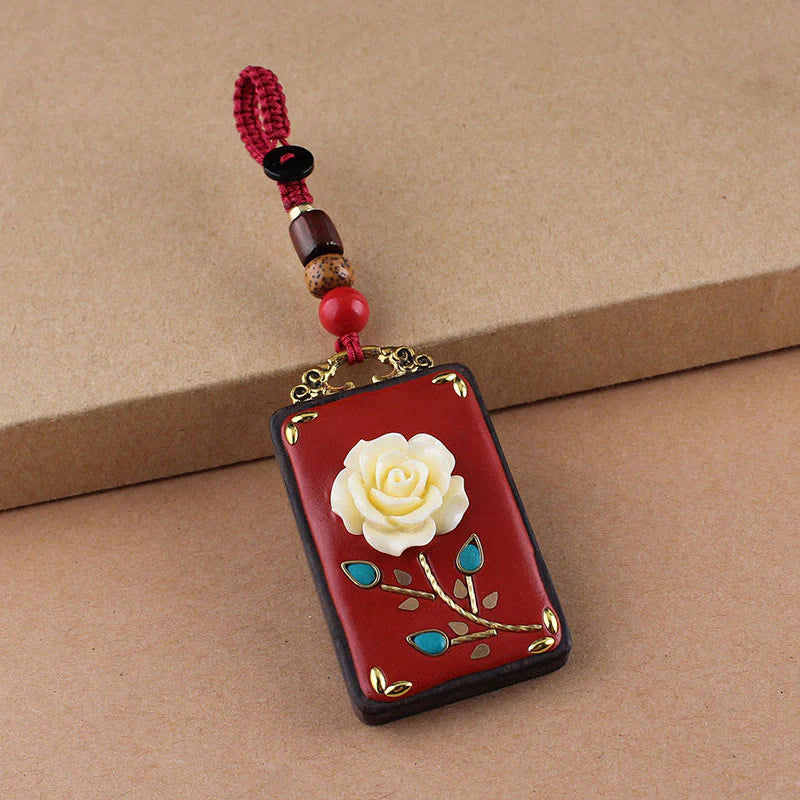 Buddha Stones Ebony Flower Koi Fish Fu Character Button Rope Key Chain