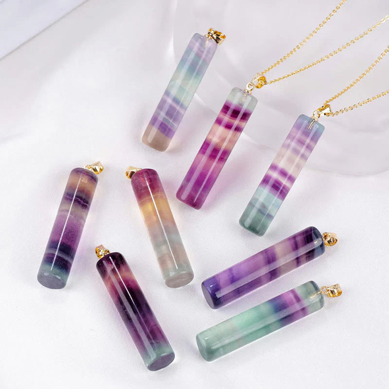Buddha Stones Natural Colorful Fluorite Cylindrical Protection Necklace Pendant