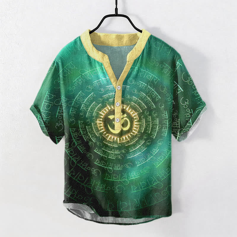 Buddha Stones Cotton Om Mantra Emblem Men's Short Sleeve Half Button Shirt