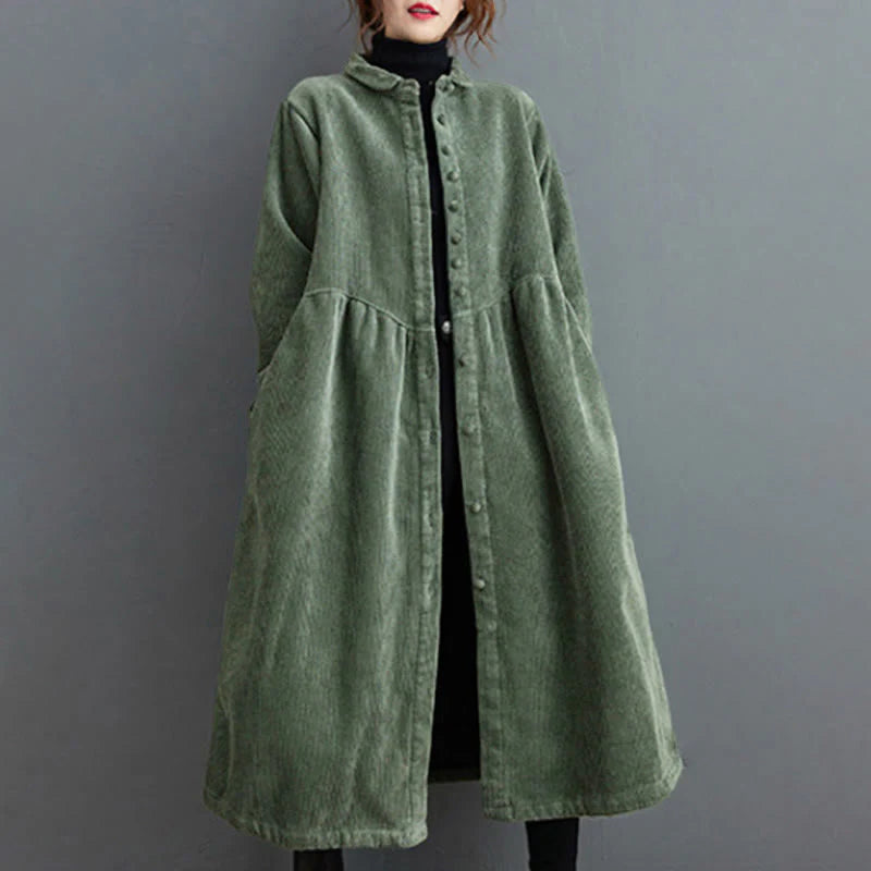 Buddha Stones Plain Buttons Long Sleeve Women's Cotton Corduroy Fleece-Lined Coat With Pockets