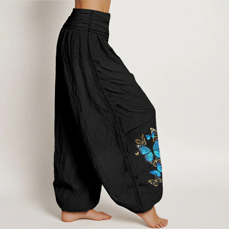 Buddha Stones Cotton Butterfly Pattern Women's Elastic Waist Harem Pants