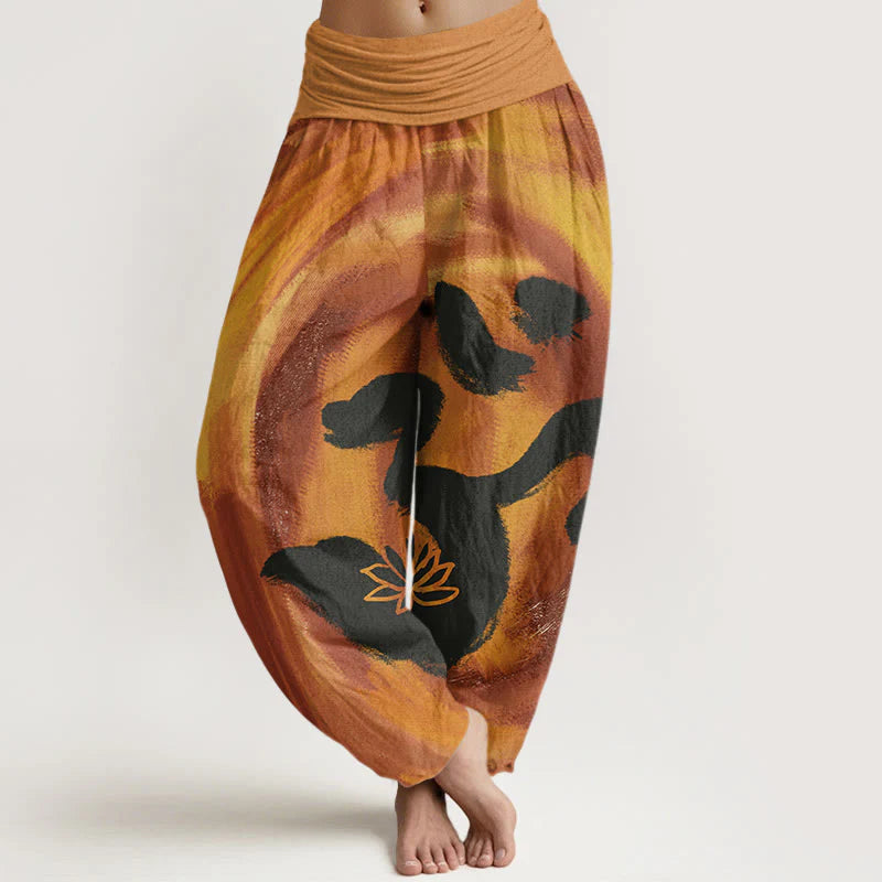Buddha Stones Cotton OM Symbol Lotus Flower Pattern Women's Elastic Waist Harem Pants