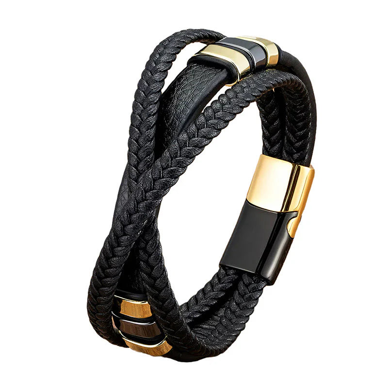 Buddha Stones Multi-layered Cross-woven Design Leather Titanium Steel Balance Bracelet