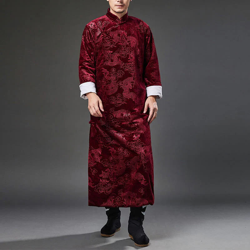 Buddha Stones Vintage Fall Winter Chinese Frog-Button Tang Suit Men's Dragon Jacquard Robe With Pockets