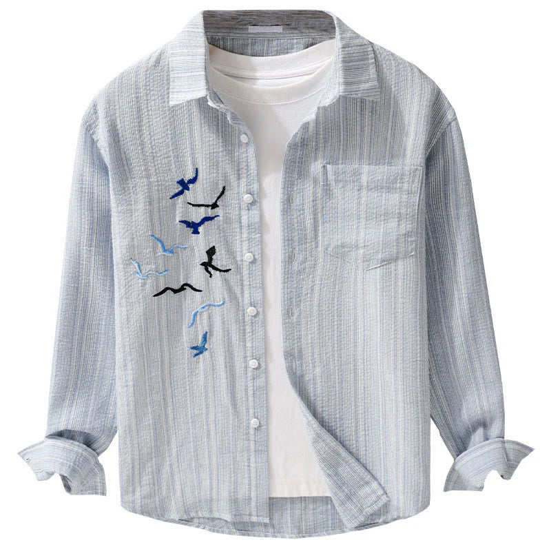 Buddha Stones Embroidery Bird Striped Pattern Long Sleeve Men's Cotton Shirt With Pocket