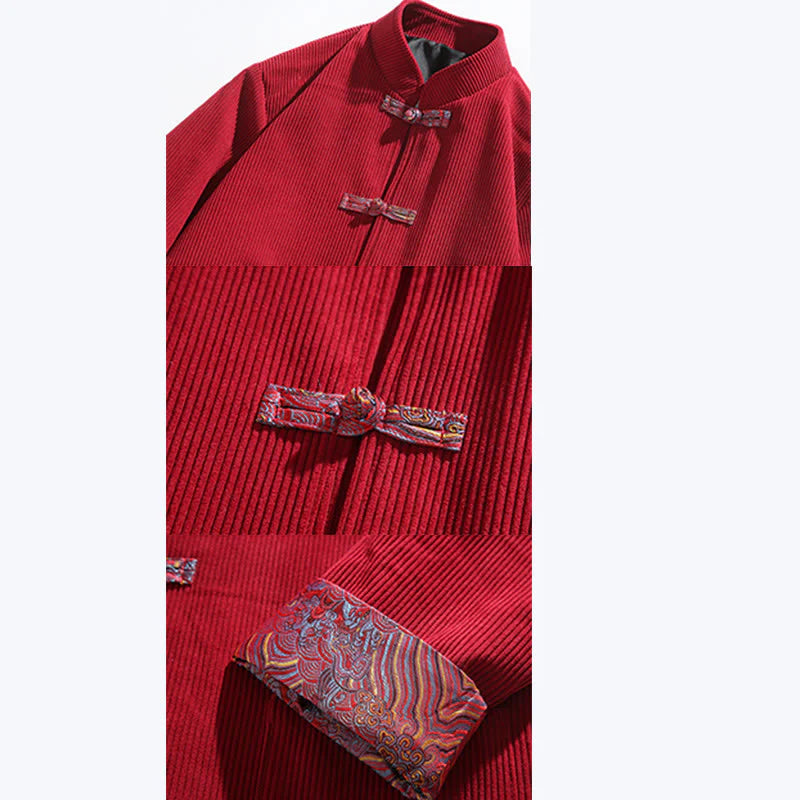 Buddha Stones Spring Jacquard Frog-Button Men's Cotton Corduroy Long Sleeve Jacket With Pockets