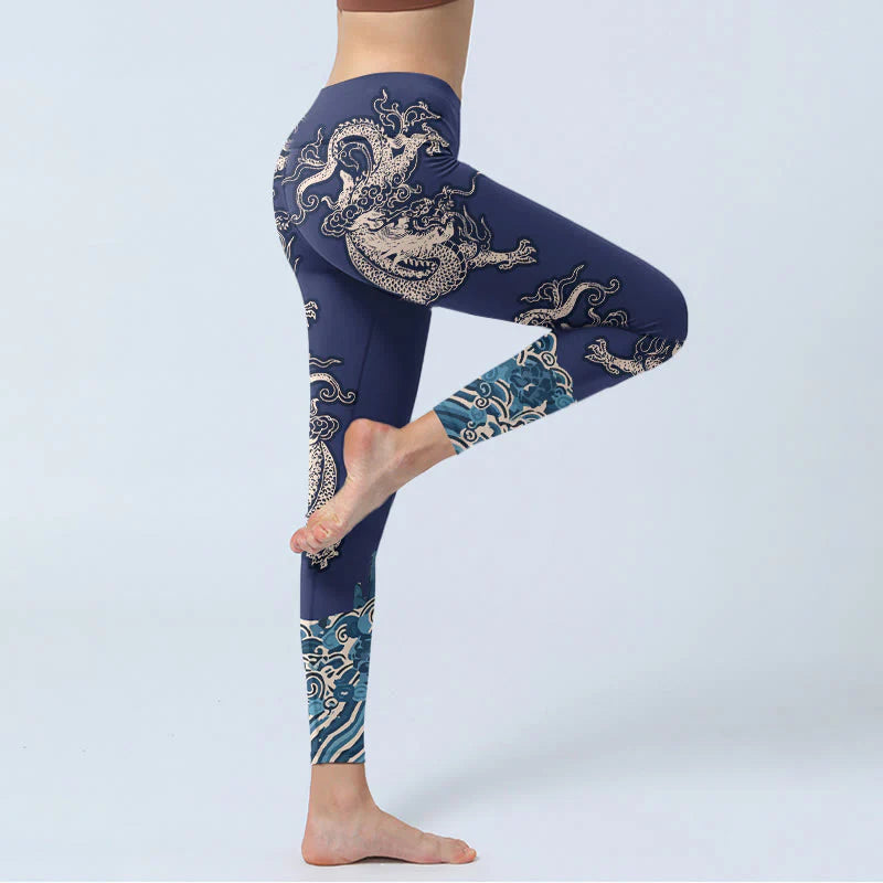 Buddha Stones Symmetry Dragon Wave Pattern Print Gym Leggings Women's Yoga Pants