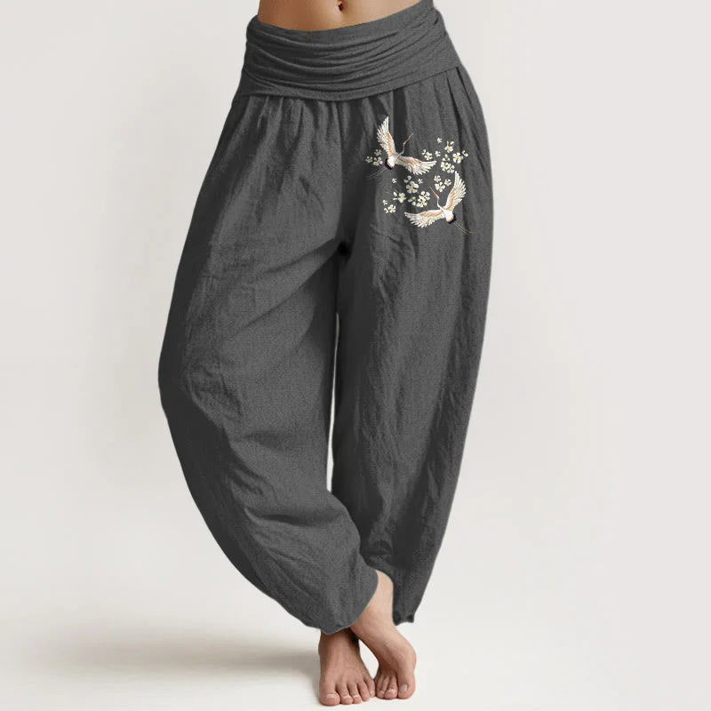Buddha Stones Cranes Flowers Pattern Pure Cotton Women's Elastic Waist Harem Pants
