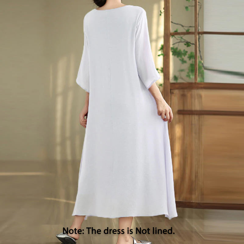 Buddha Stones Casual Plain Frog-Button Crew Neck Three Quarter Sleeve Cotton Midi Dress