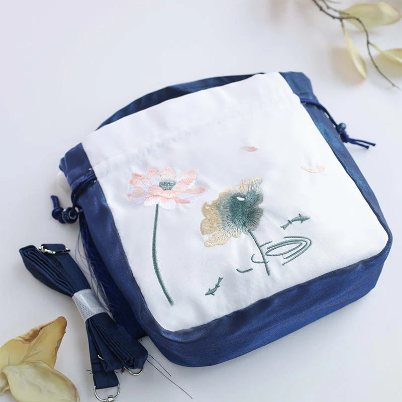 Buddha Stones Embroidered Lotus Koi Fish Crane Camellia Cotton Linen Tote Crossbody Bag Shoulder Bag Handbag
