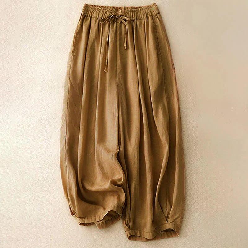 Buddha Stones Summer Elastic Waist Cotton Women's Capri Cropped Harem Pants With Pockets