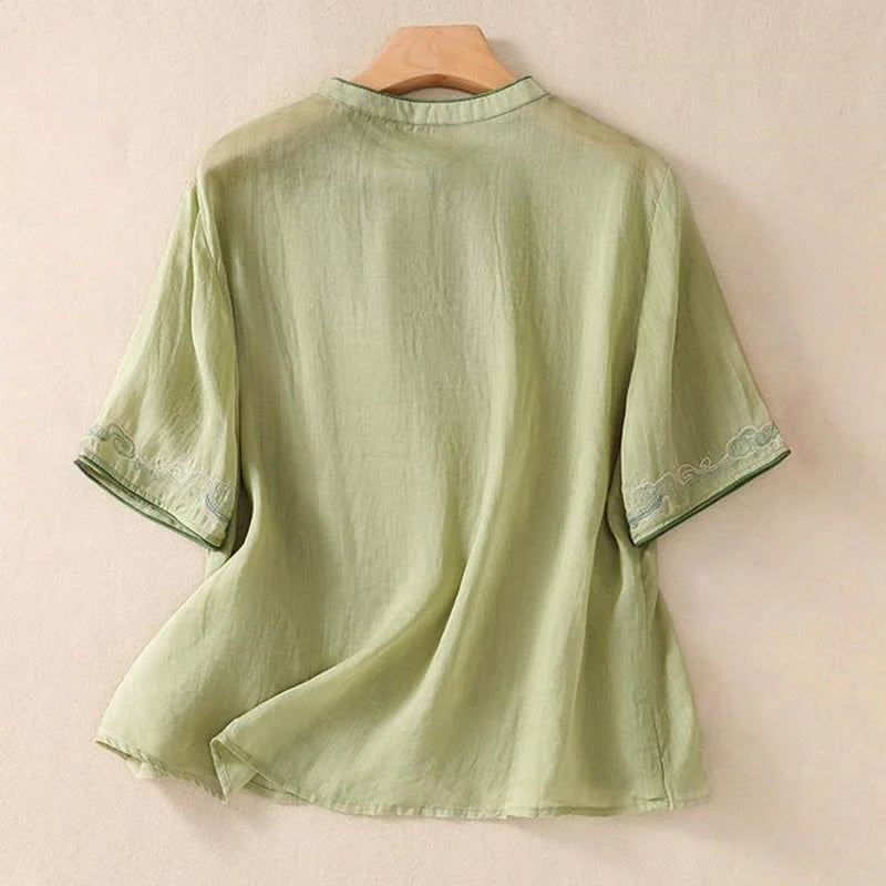 Buddha Stones Casual Retro Embroidery Frog-Button Design Women's Cotton Linen Half Sleeve Shirt
