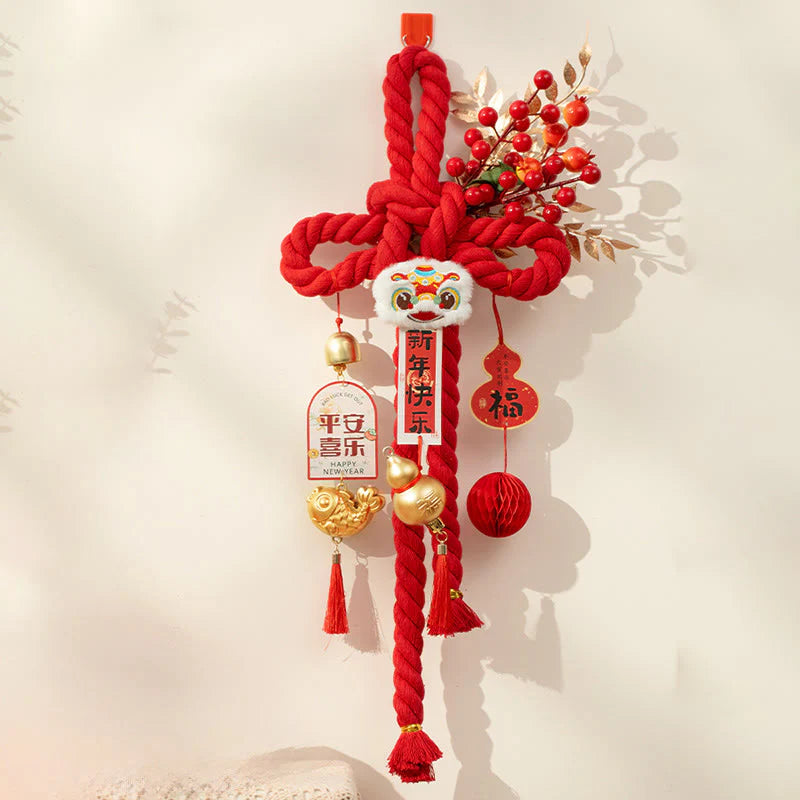 Buddha Stones Year of the Horse Dancing Lion Fu Character Chinese Knotting Fortune Decoration