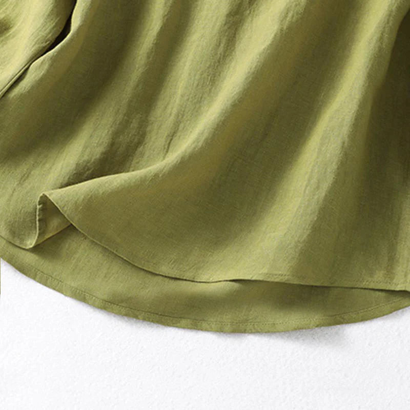 Buddha Stones Spring Dark Khaki Stand Collar Half Buttons Design Women's Long Sleeve Shirt