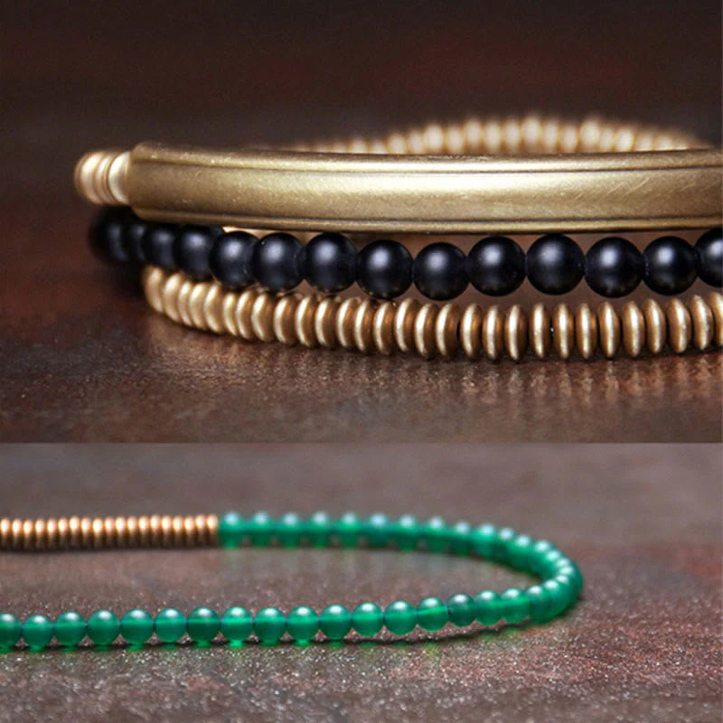 Buddha Stones Tibetan Various Agate Stone Copper Protection Triple Wrap Bracelet
