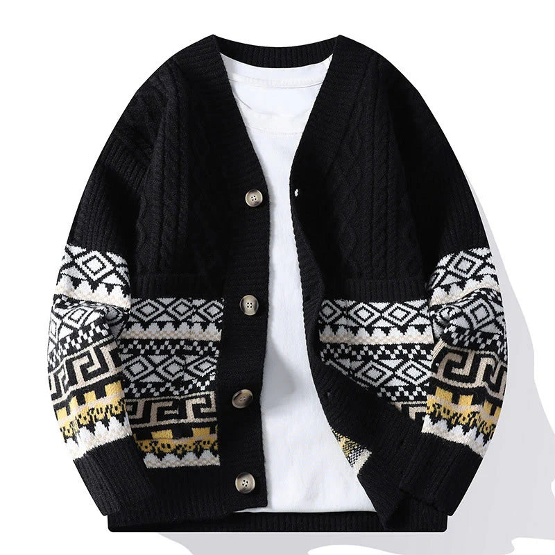 Buddha Stones Jacquard Ethnic Long Sleeve Men's Knitted Sweater With Pockets