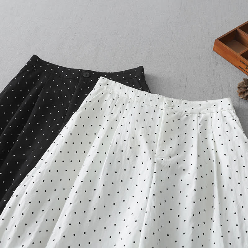 Buddha Stones Polka Dot Lace Patchwork Cotton Women's Wide Leg Capri Pants With Pockets
