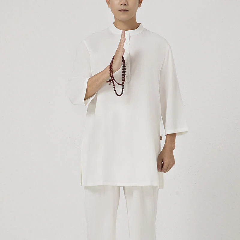 Buddha Stones 2Pcs Buttons Men's Three Quarter Sleeve Shirt Top Pants Meditation Zen Tai Chi Cotton Linen Clothing Set