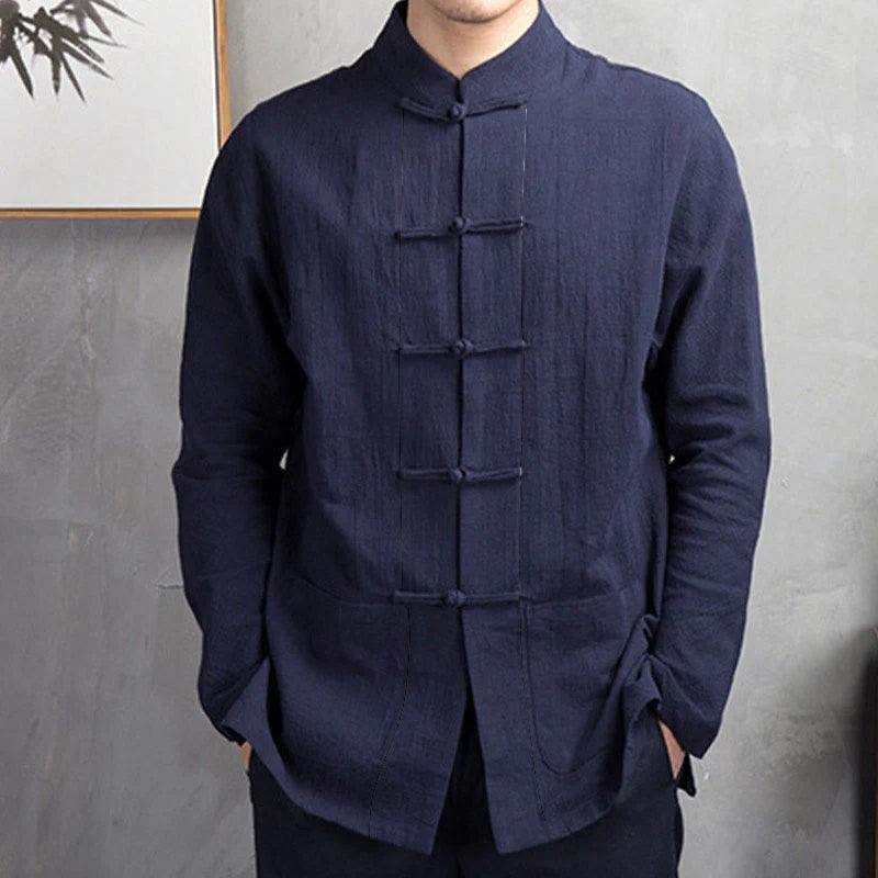 Buddha Stones Solid Color Casual Frog-button Men's Shirt Clothing