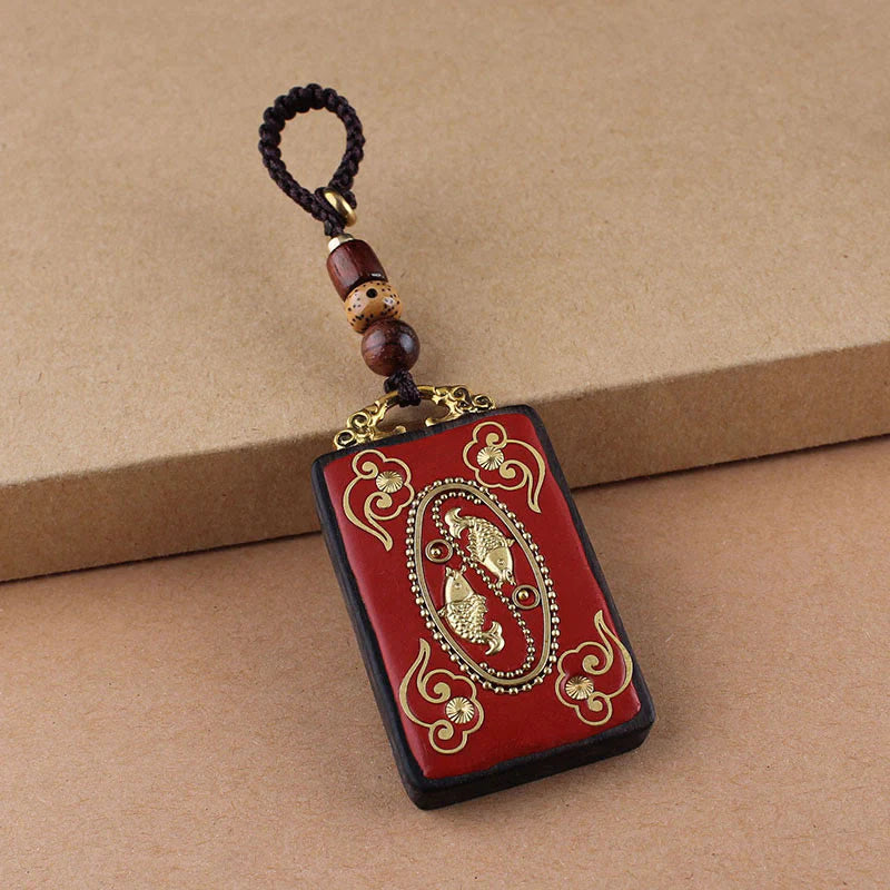 Buddha Stones Ebony Flower Koi Fish Fu Character Button Rope Key Chain