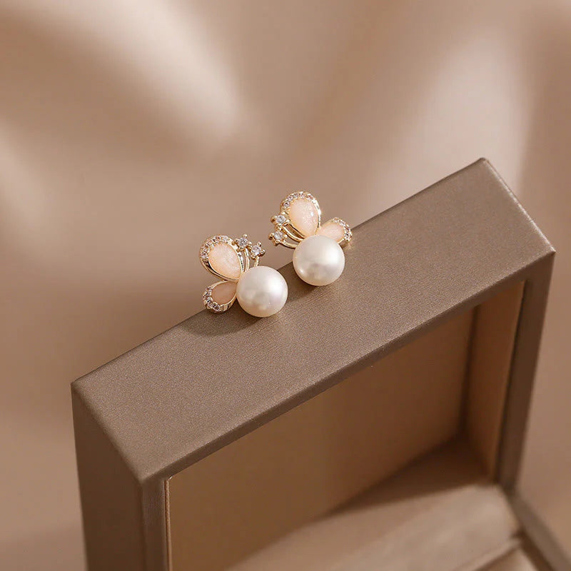 Buddha Stones 18k Gold Plated Pearl Butterfly Love Freedom Stud Earrings