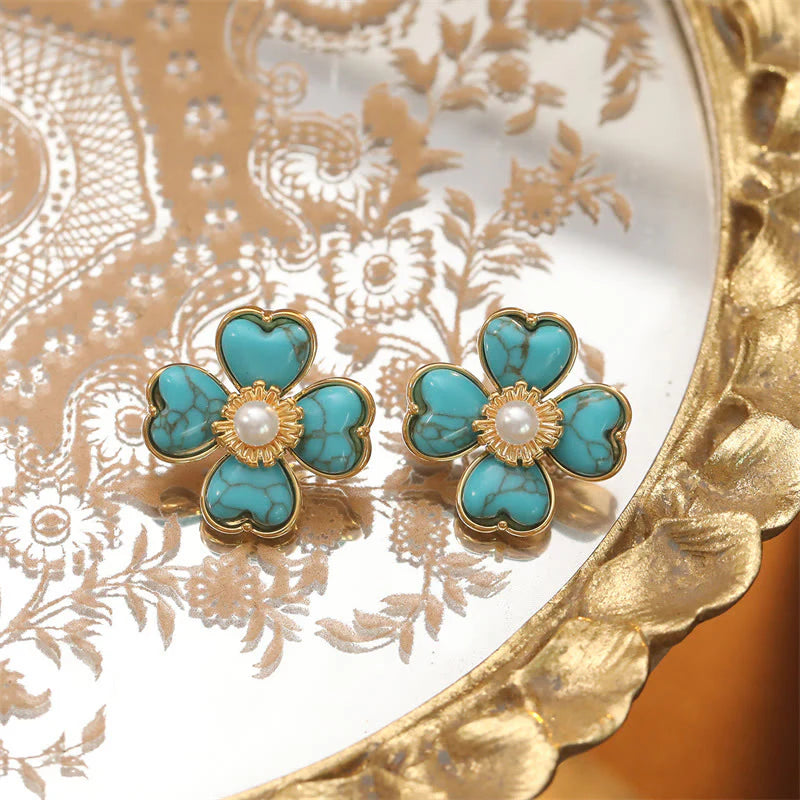 Buddha Stones Turquoise Love Heart Flower Copper Healing Stud Earrings