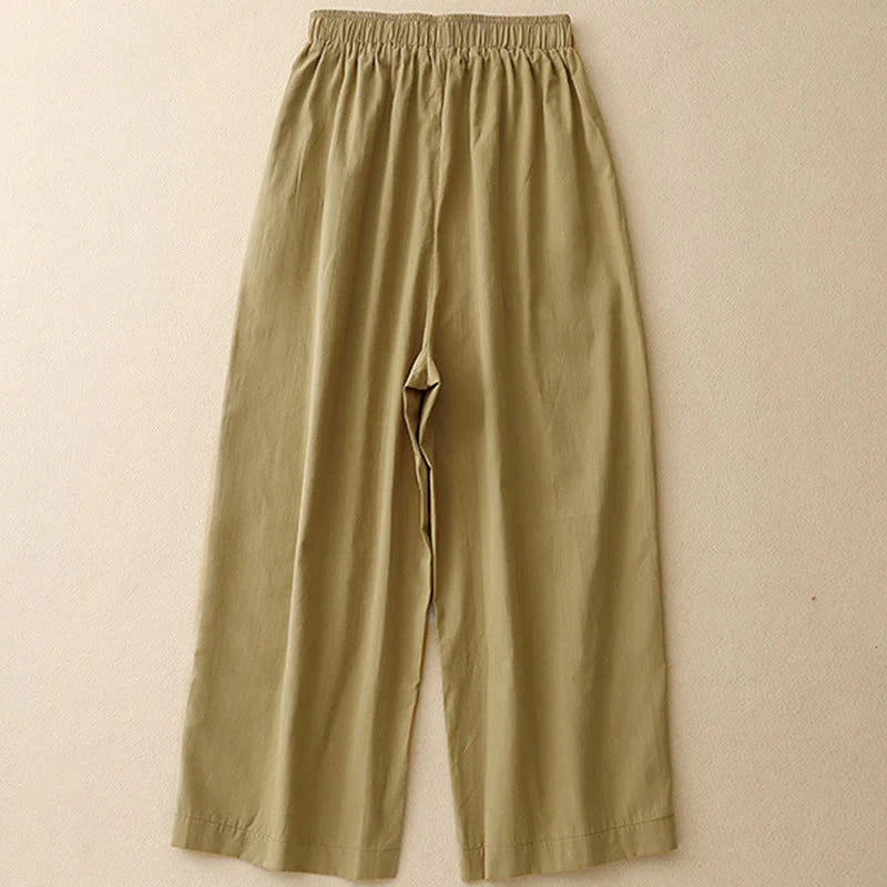 Buddha Stones Causal Vintage Solid Color Button Design Women's Wide Leg Cotton Pants With Pockets