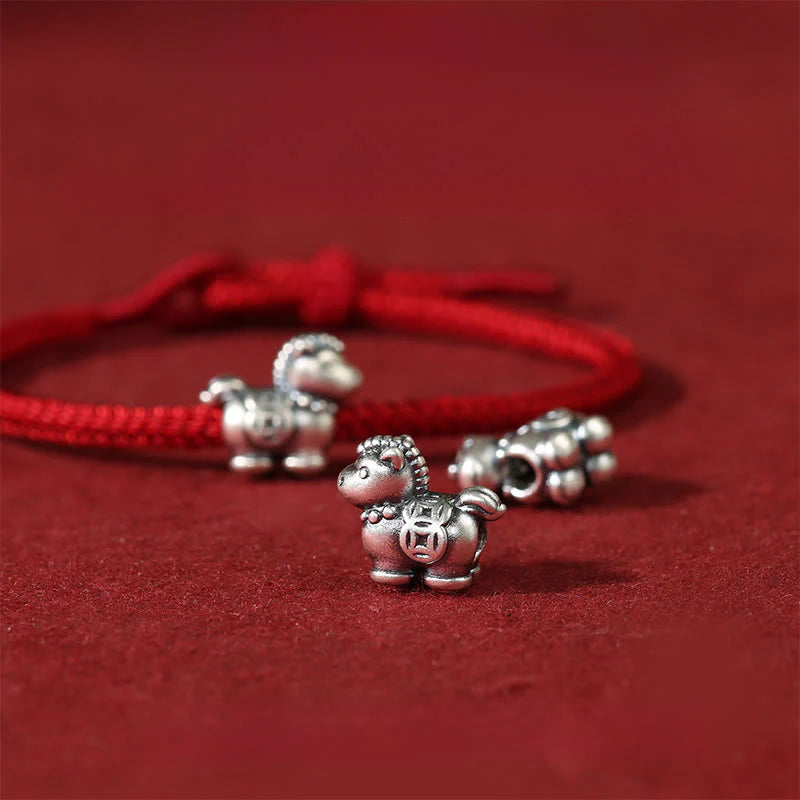 Buddha Stones Year of the Horse 999 Sterling Silver Red String Copper Coins Braided Luck Bracelet